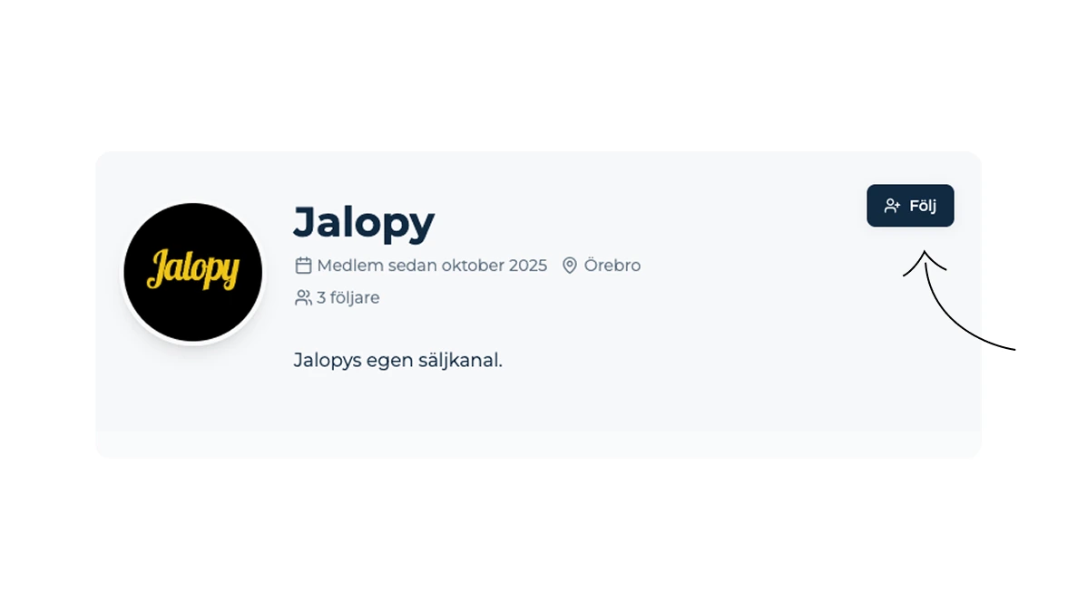 Följ säljare på Jalopy - skärmbild av säljarprofilkort med Följ-knapp
